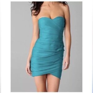 BCBG Maxazria Madge Strapless Ruched Cocktail Dress Blue Jade